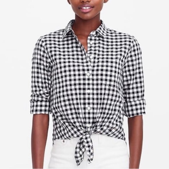 NWT J. Crew blue cotton plaid tie front button up shirt XS - Picture 10 of 11